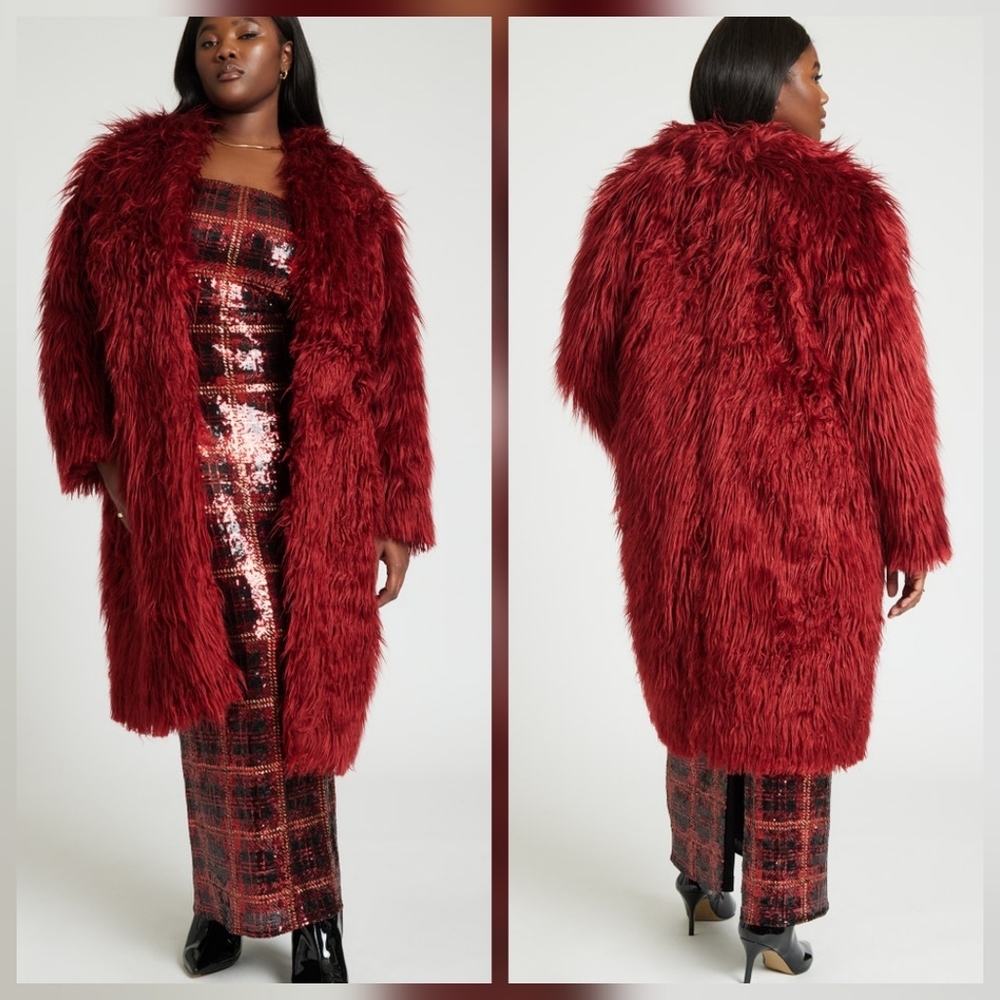 Eloquii Maroon Burgundy Faux Fur Midi Coat Hook & Eye Closure